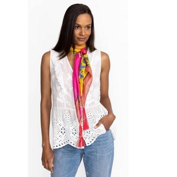 Johnny Was Emboy Scarf Silk Square Large Floral Pink Yellow Tassel Scarves New - Picture 2 of 6